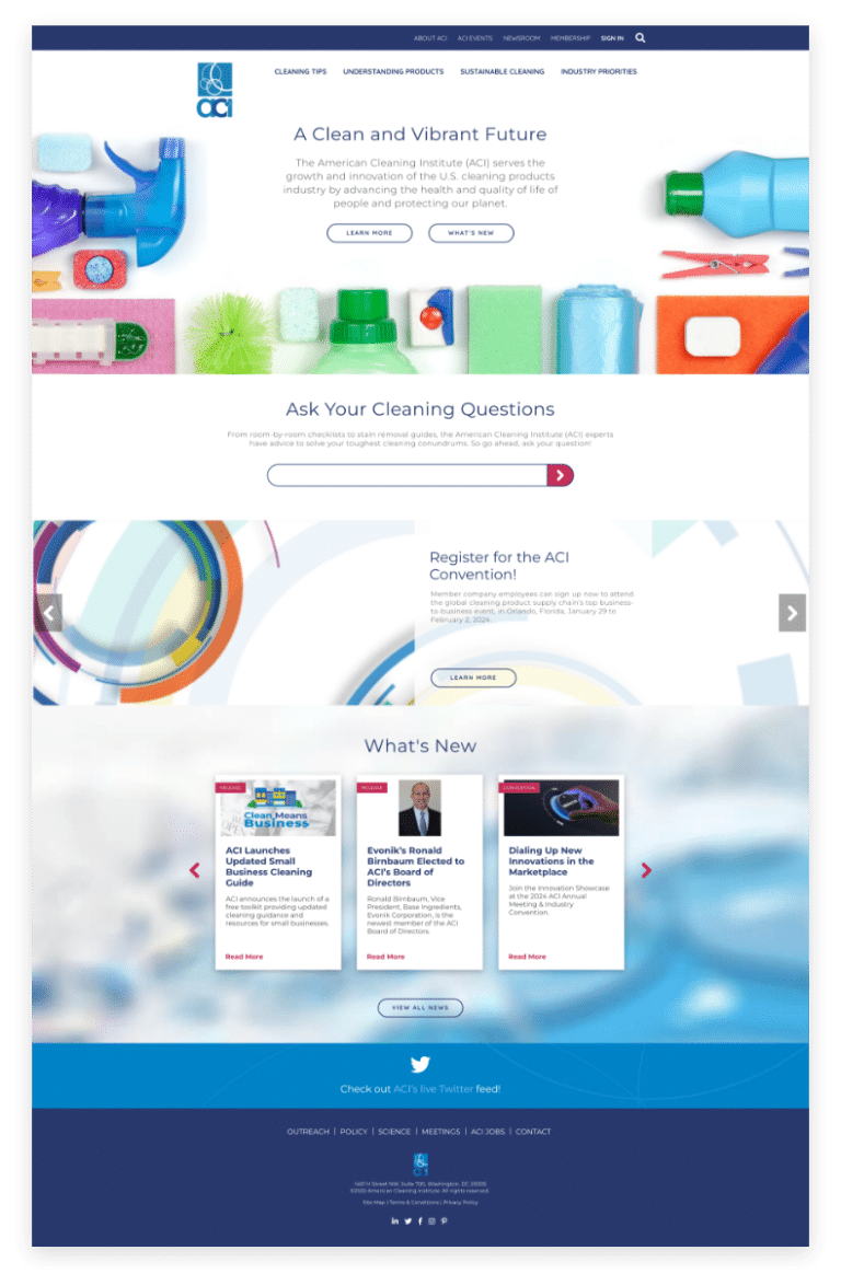 desktop view of a case study showcasing the impactful initiatives and achievements of the american cleaning institute (aci) on their homepage.