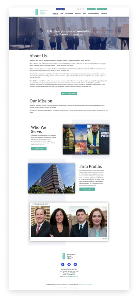 desktop view of a comprehensive case study highlighting the achievements and services of mcgillivary steele elkin llp on their homepage.