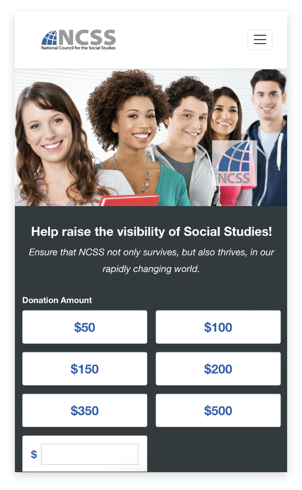 mobile view of a case study highlighting the donation process on the ncss (national council for the social studies) website.