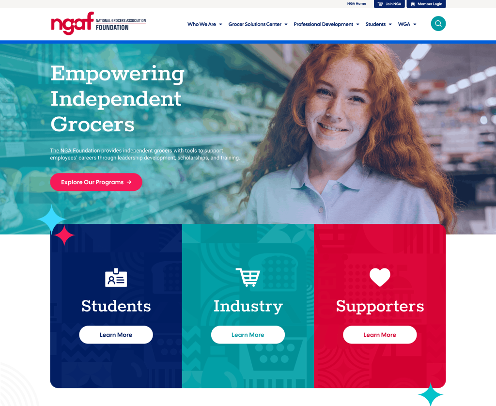 screenshot of the newly redesigned nga website homepage with a colorful and welcoming look